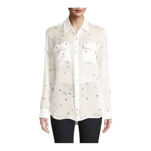 Equipment Star Print Silk Blouse Women’s Size XS Long Sleeve Multicolor Button U - Picture 1 of 16